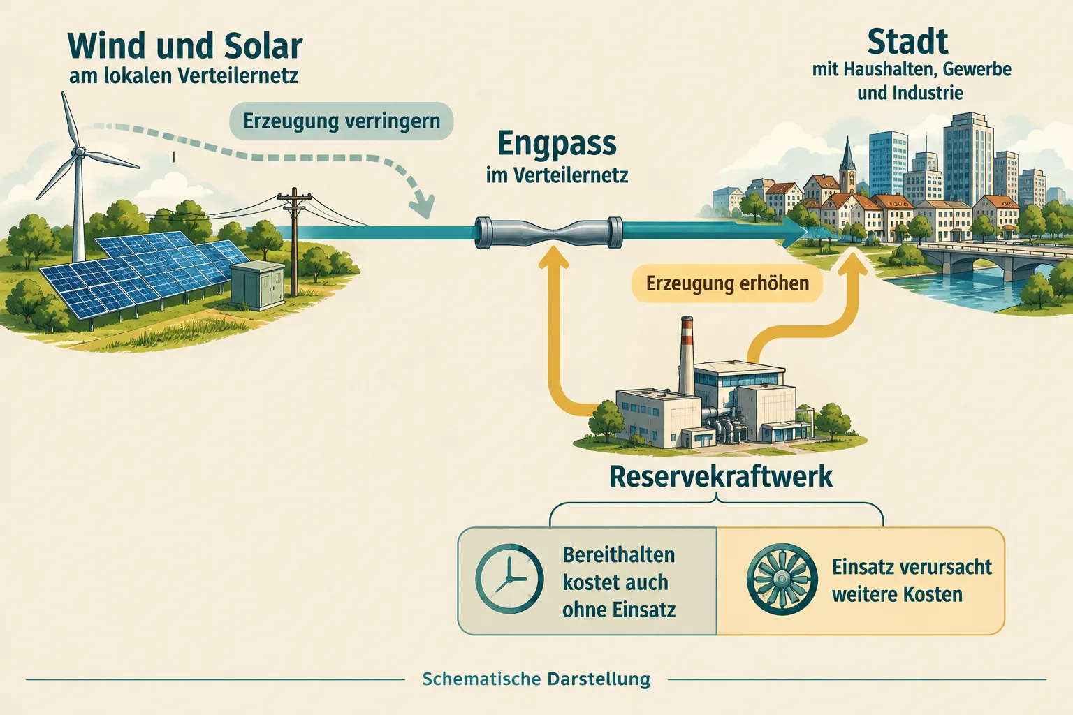 Schematische Entlastung eines Netzengpasses durch geringere Einspeisung und zusätzliche Erzeugung an anderer Stelle; Reservekraftwerke verursachen Vorhalte- und Einsatzkosten