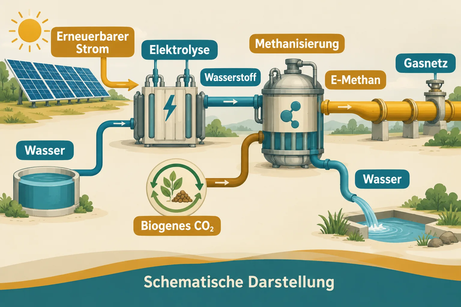Erneuerbarer Strom erzeugt durch Elektrolyse Wasserstoff, der mit biogenem CO2 im Methanisierungsreaktor zu E-Methan für das Gasnetz verarbeitet wird