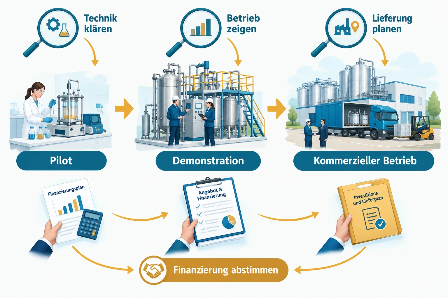 Schematischer Weg vom technischen Versuch über Pilot und Demonstration zur kommerziellen Wasserstoffanlage mit unterschiedlichen Finanzierungsfragen