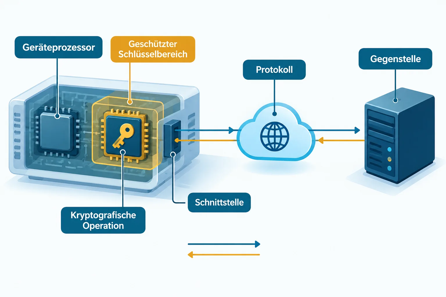 Geräteprozessor, geschützter Kryptografiebaustein und Gegenstelle mit getrennten Wegen für Datenübertragung, Schlüsseloperation und Protokollprüfung