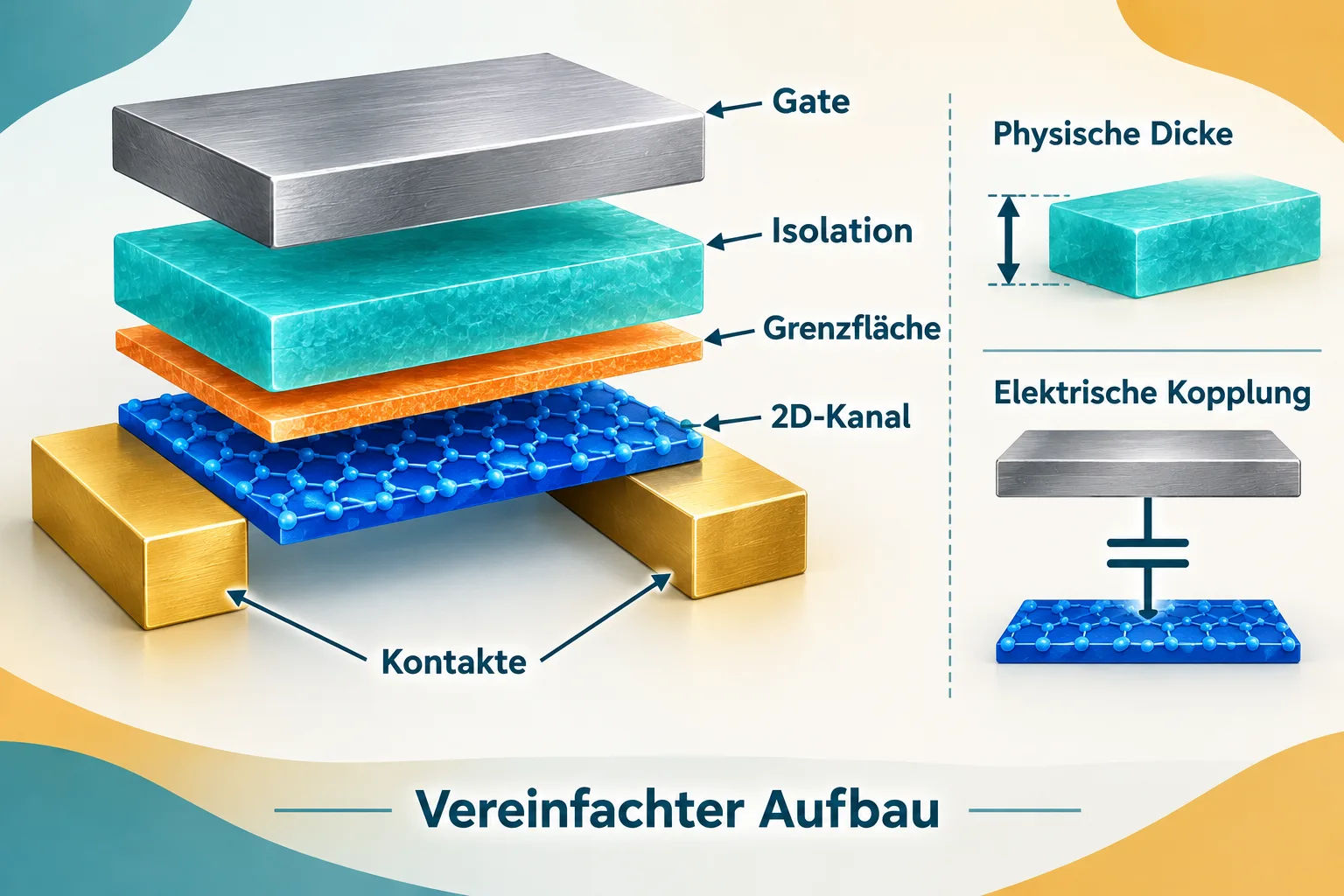 Vereinfachter Transistorquerschnitt mit Gate, Hafniumoxid-Isolation, vorbereitender Grenzflächenschicht und atomardünnem Kanal