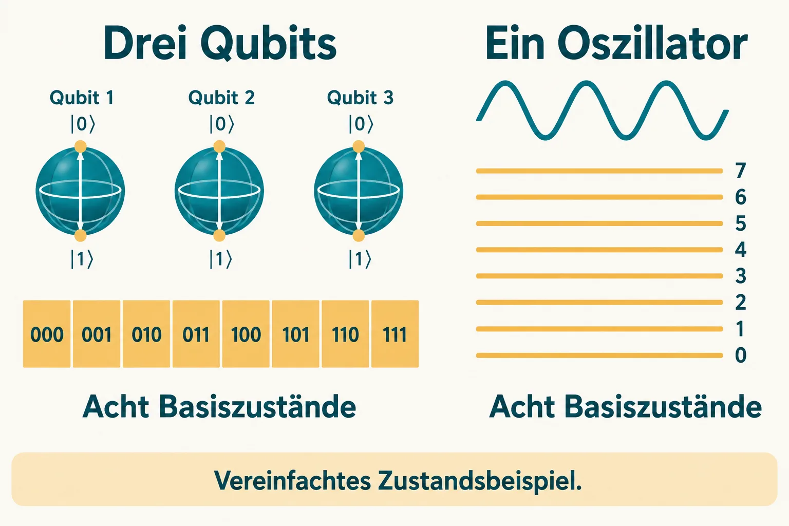 Vergleich von drei Qubits mit acht Kombinationen und einem Oszillator mit acht ausgewählten Niveaus