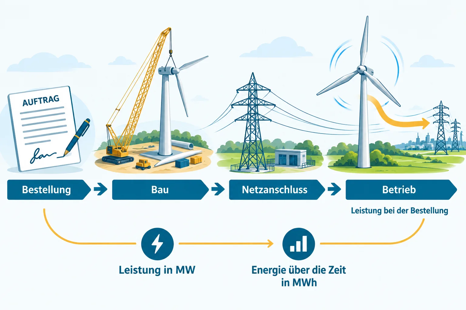 Schematischer Weg vom Windkraft-Auftrag über Bau und Netzanschluss zur Stromerzeugung