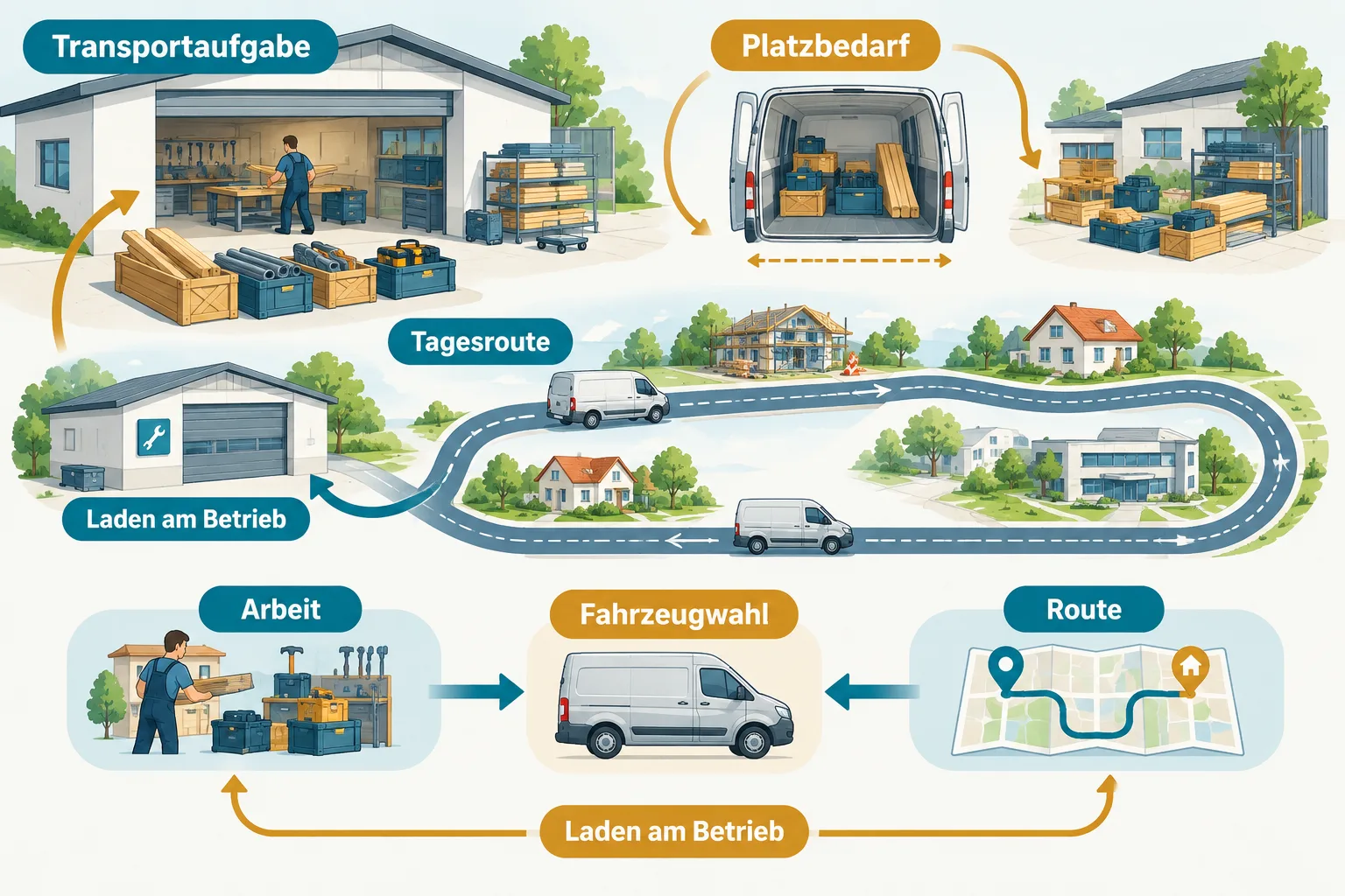 Schematische Entscheidungskette für einen elektrischen Kleintransporter von Transportaufgabe über Fahrstrecke bis Laden und Fahrzeuggröße