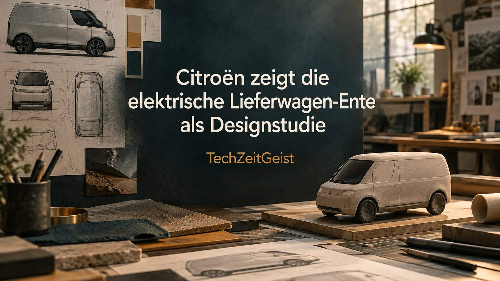 Neutrales Designatelier mit kleinem Lieferwagenmodell