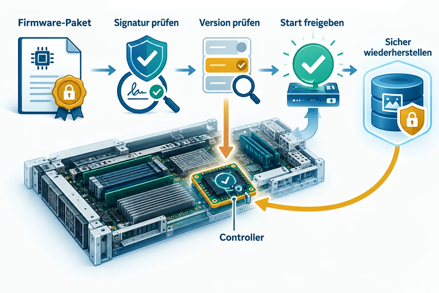 Schematischer Firmware-Updateablauf mit Signaturprüfung, Versionsprüfung, Freigabe und geschützter Wiederherstellung