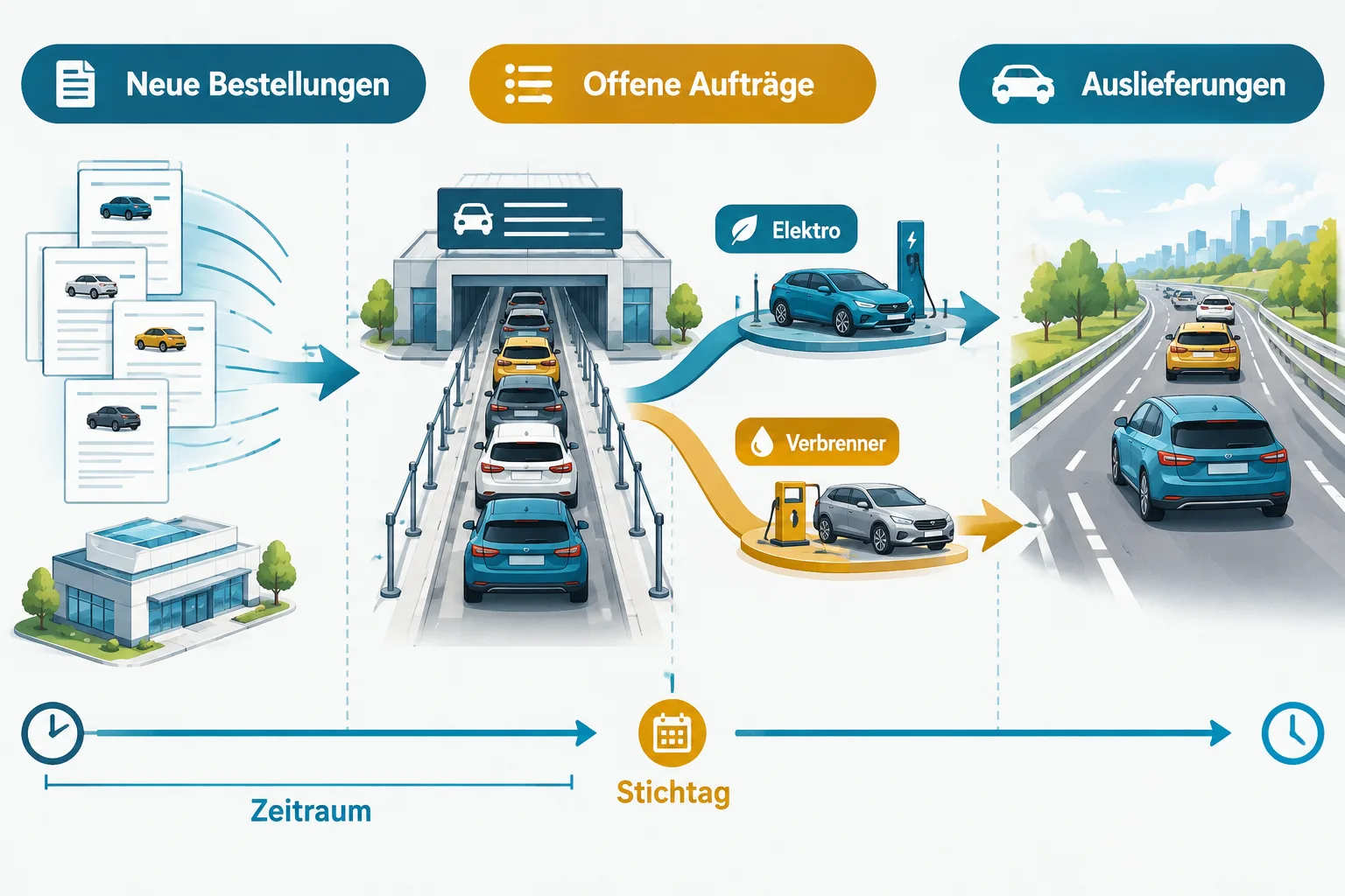 Schematischer Fahrzeugfluss mit neuen Bestellungen, offenen Aufträgen und Auslieferungen in getrennten Bereichen