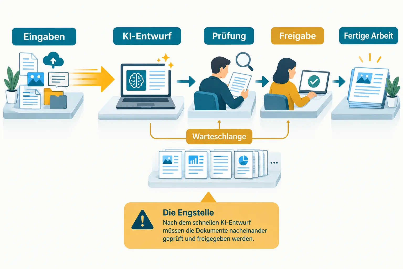 Schematischer Arbeitsablauf mit Dateneingabe, KI-Entwurf, Prüfung, Freigabe und fertigem Ergebnis sowie einer möglichen Warteschlange