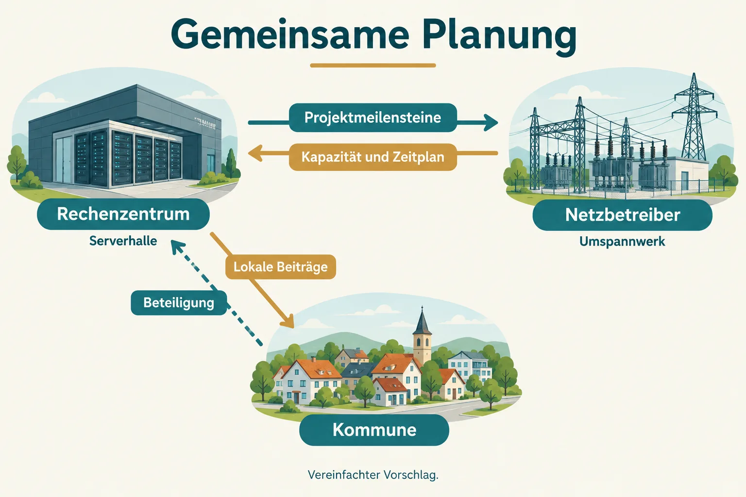 Rechenzentrum, Netzbetreiber und Kommune mit getrennten Verbindungen für Kapazitätsinformation, Projektmeilensteine und lokale Beiträge