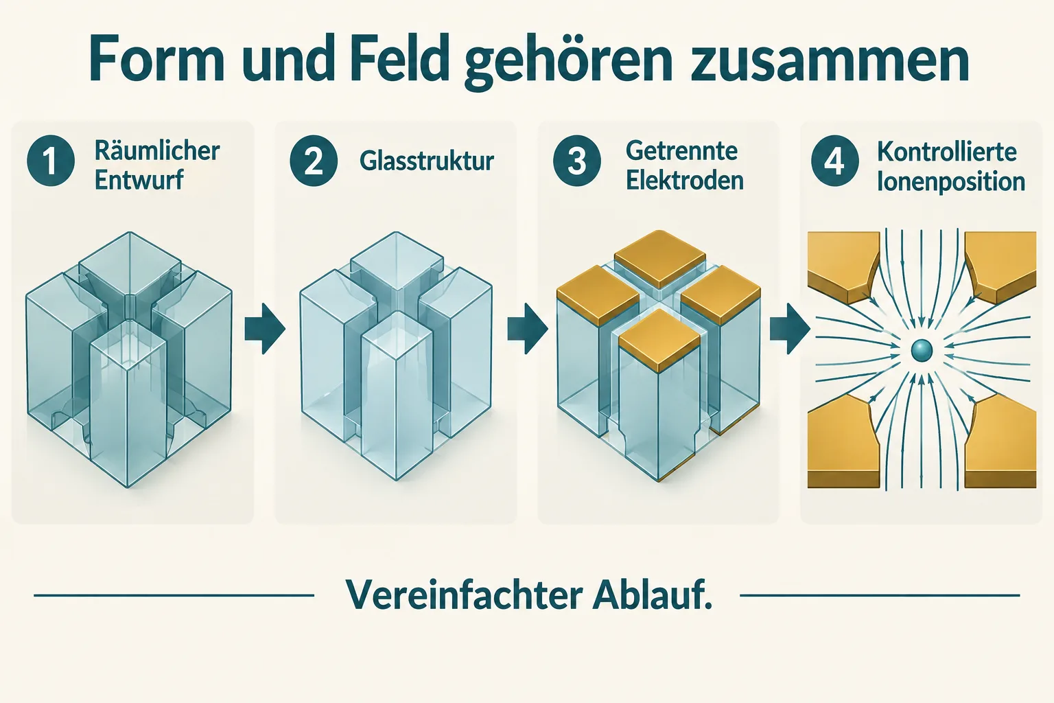 Fertigungsablauf einer Ionenfalle von räumlichem Entwurf über Glasstruktur und getrennte Metallflächen zum kontrollierten Ion