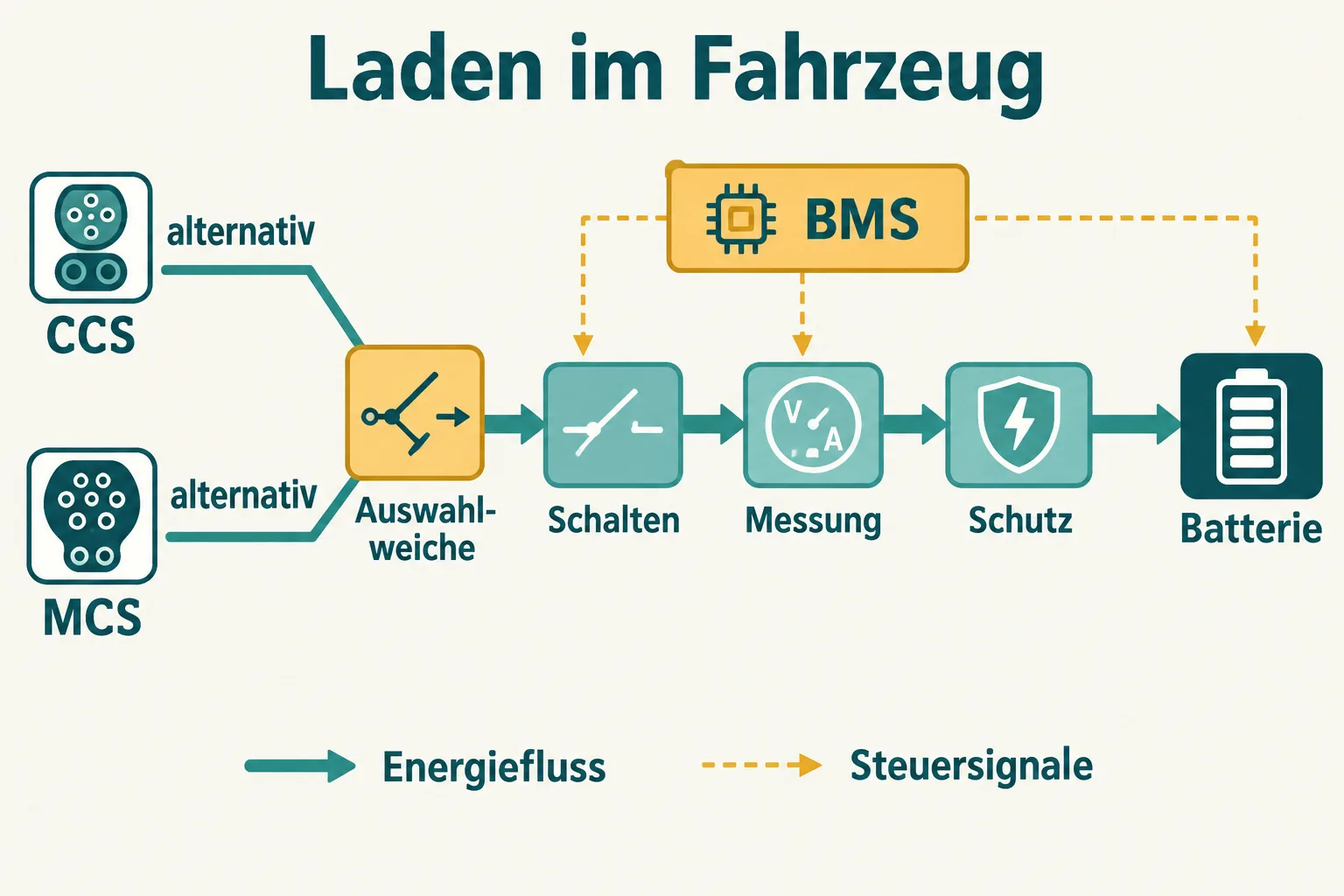 Alternative CCS- und MCS-Ladeeingänge führen über Schalten, Messung und Schutz zur Batterie, begleitet von getrennten BMS-Steuersignalen
