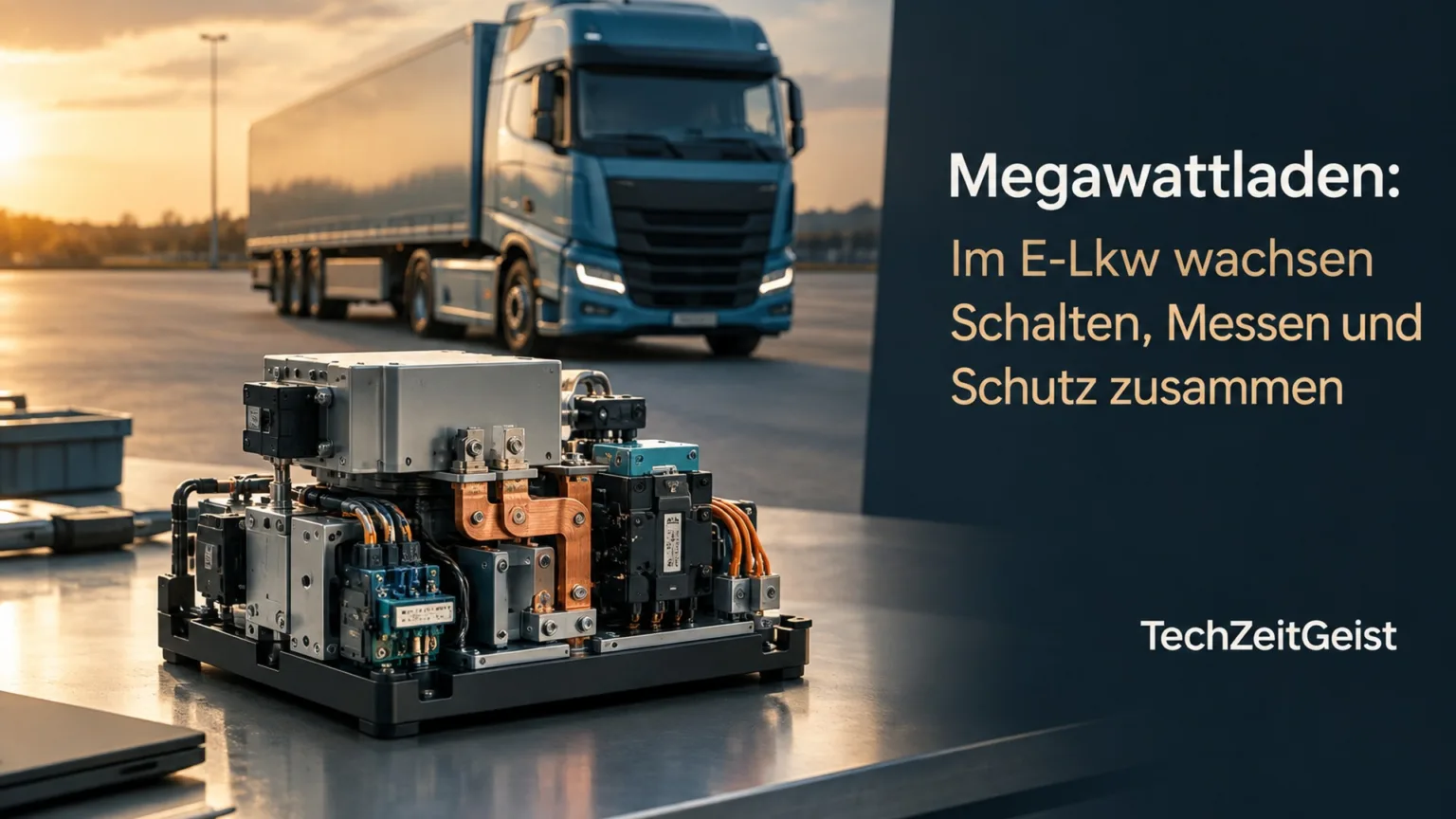Elektrischer Lastwagen mit symbolisch geöffneter Ladeelektronik