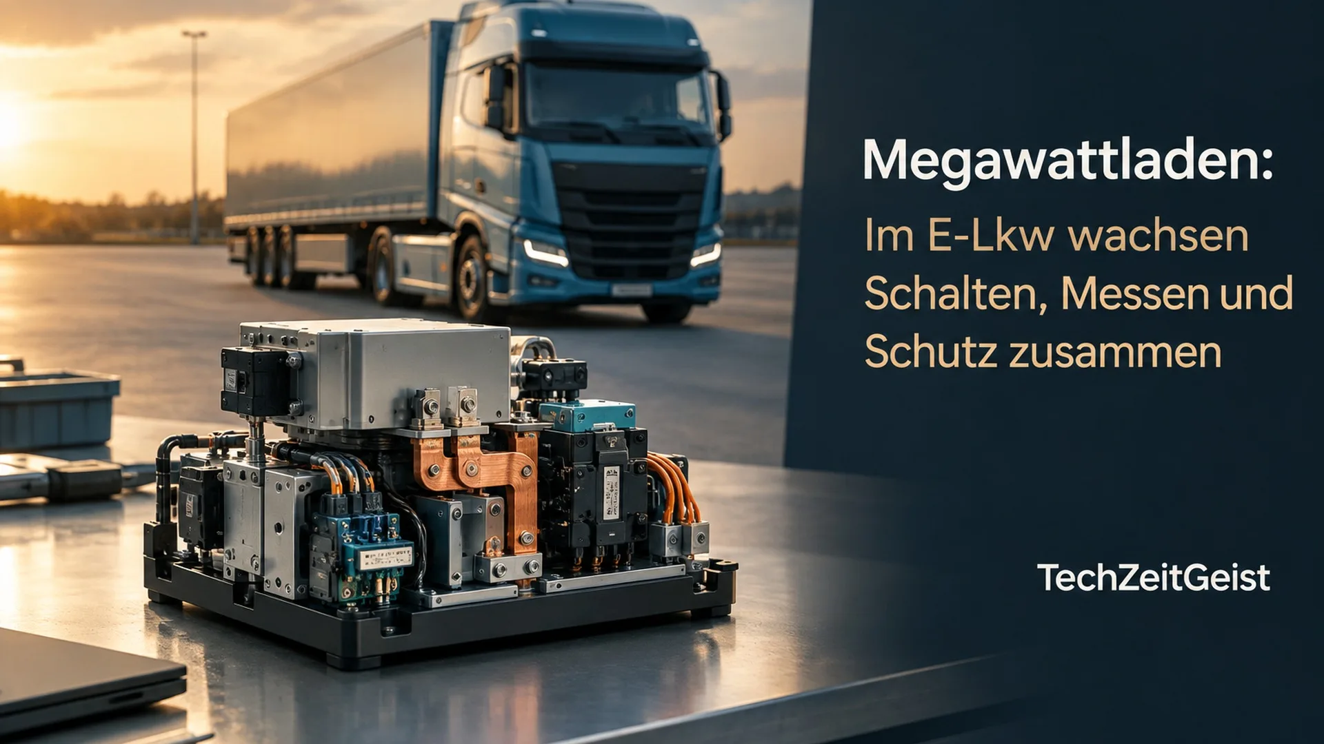 Elektrischer Lastwagen mit symbolisch geöffneter Ladeelektronik