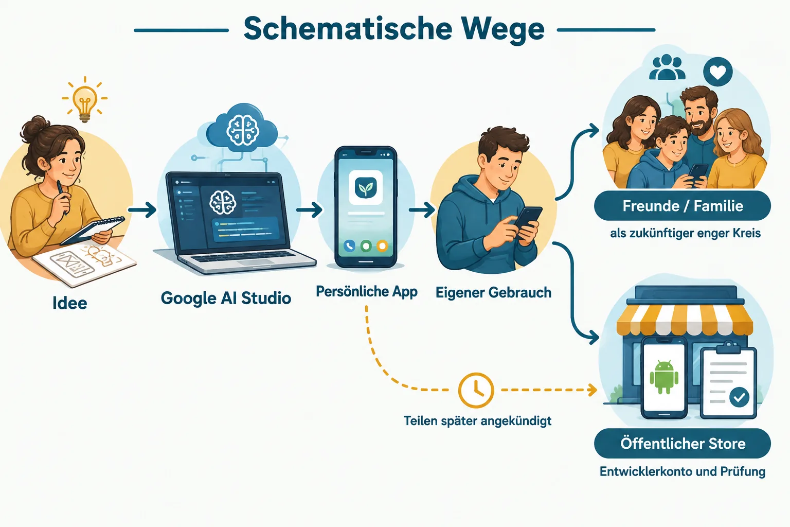 Schematischer Weg von einer App-Idee zur persönlichen Android-App und getrennten späteren Wegen für private Weitergabe und öffentliche Veröffentlichung