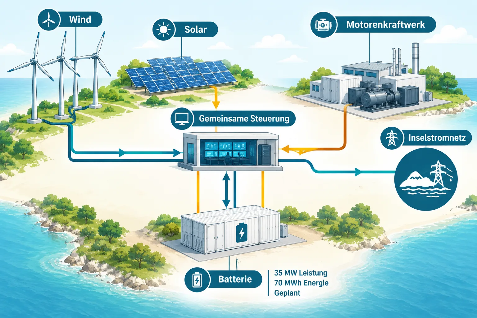 Schematisches Inselstromnetz mit Wind, Solar, Motorenkraftwerk und Batterie unter gemeinsamer Steuerung