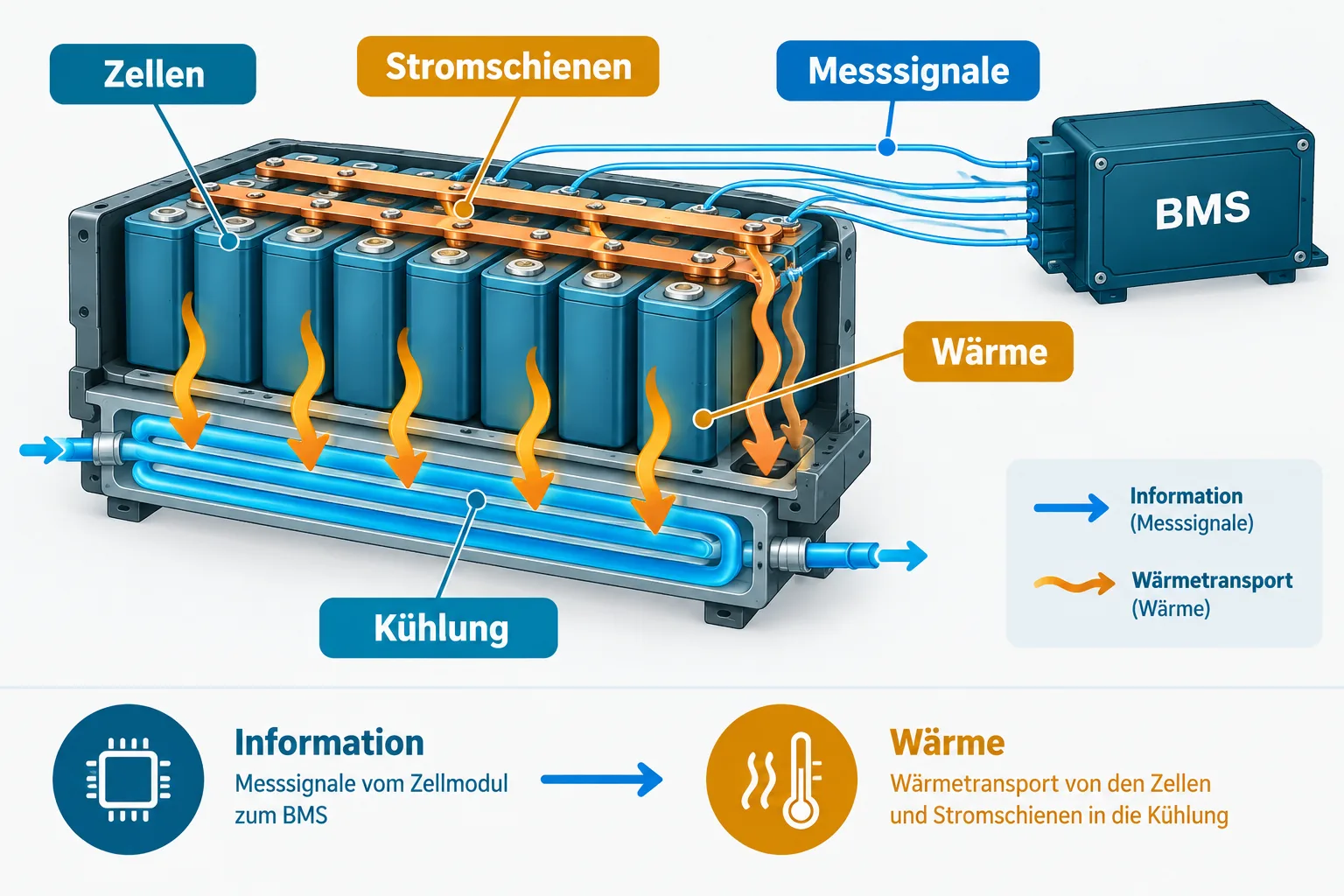 Batteriemodul mit getrennt dargestellten Messleitungen zur Steuerung und Wärmewegen von Zellen und Stromschienen zur Kühlung