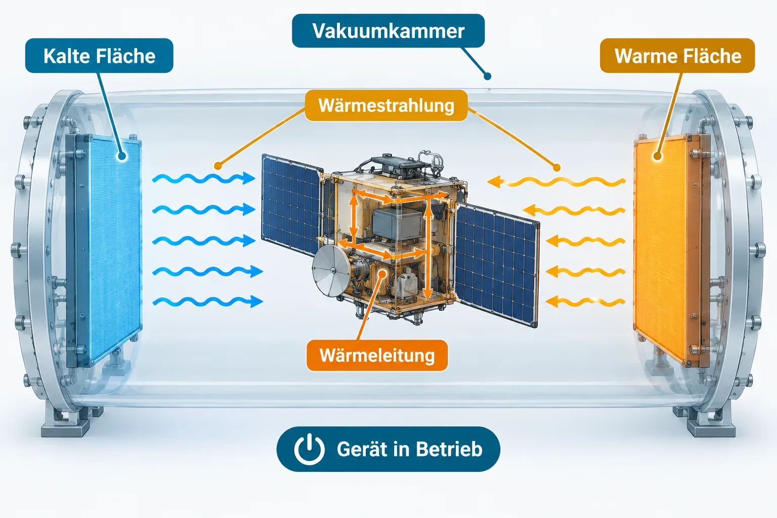 Raumfahrzeug in einer Vakuumkammer mit Wärmeleitung durch Bauteile, Wärmestrahlung und getrennten heißen und kalten Testflächen