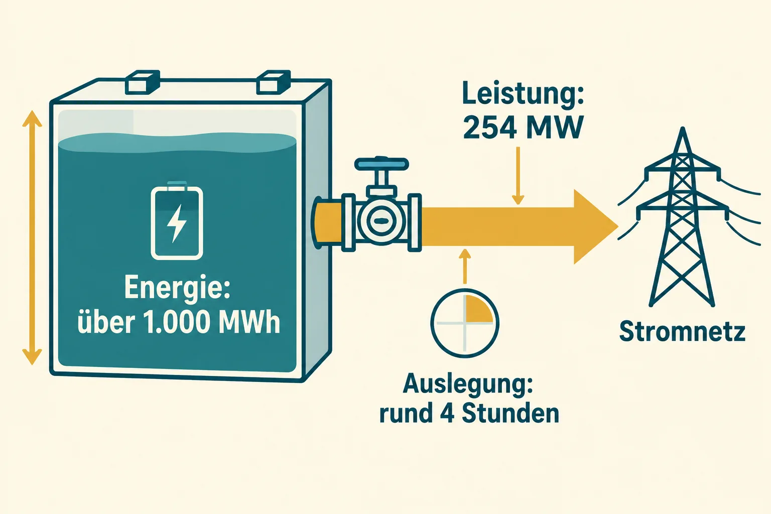 Schematischer Batteriespeicher mit Energievorrat und geregelter Leistungsabgabe zum Netz.