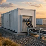 Batteriecontainer und Starkstromkabel vor einem Hochspannungsnetz.