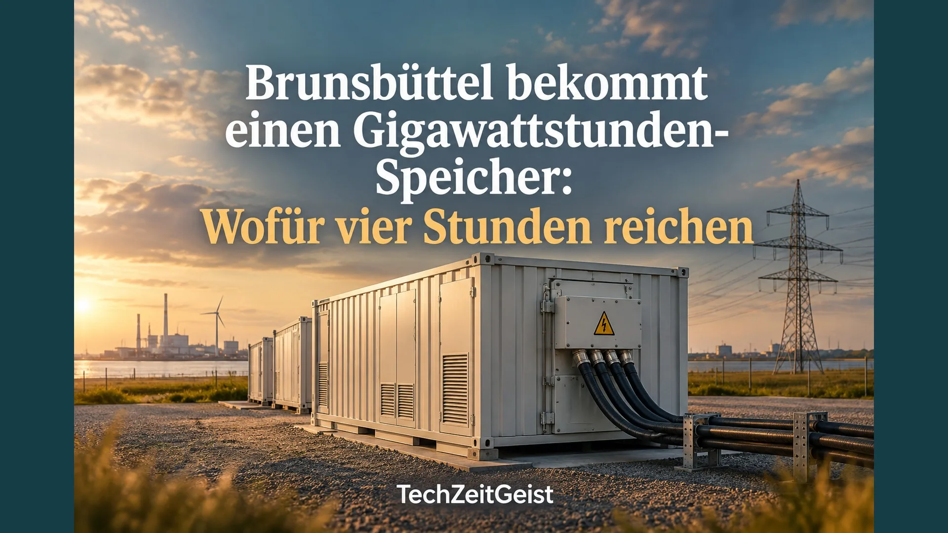 Batteriecontainer und Starkstromkabel vor einem Hochspannungsnetz.