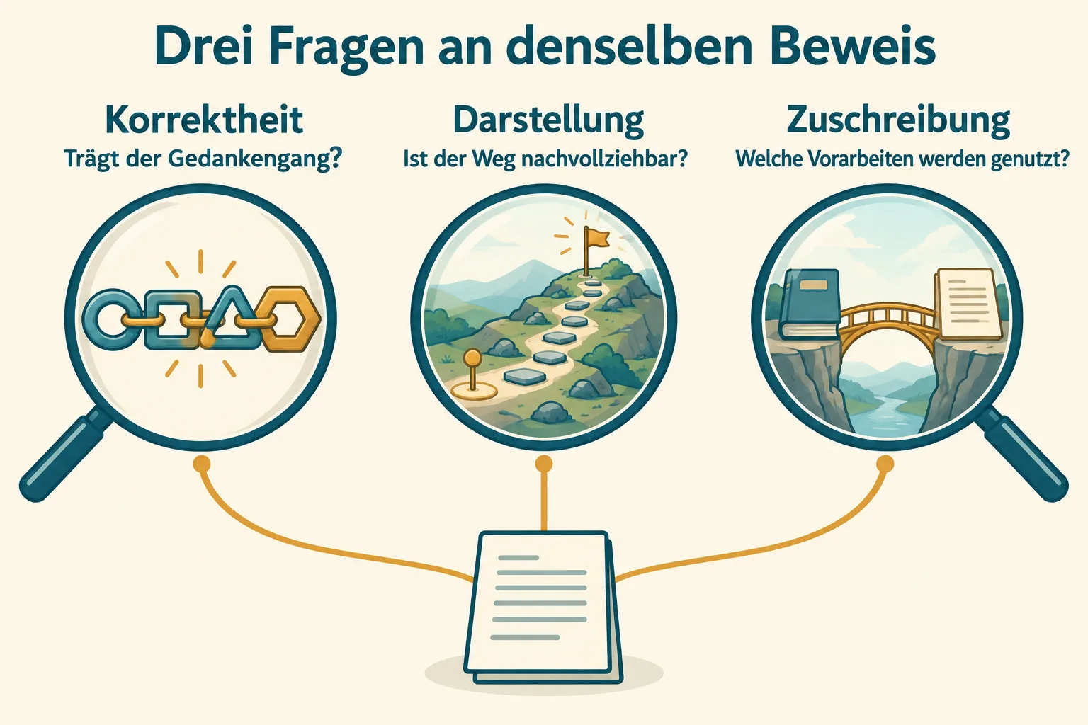 Drei Prüflinsen betrachten logische Verbindung, verständlichen Beweisweg und den Bezug zu Vorarbeiten.