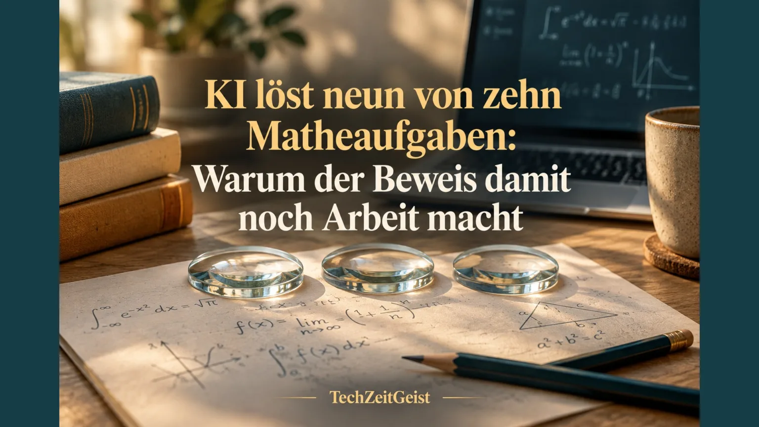 Mathematisches Manuskript mit drei Lupen und einem Computer.
