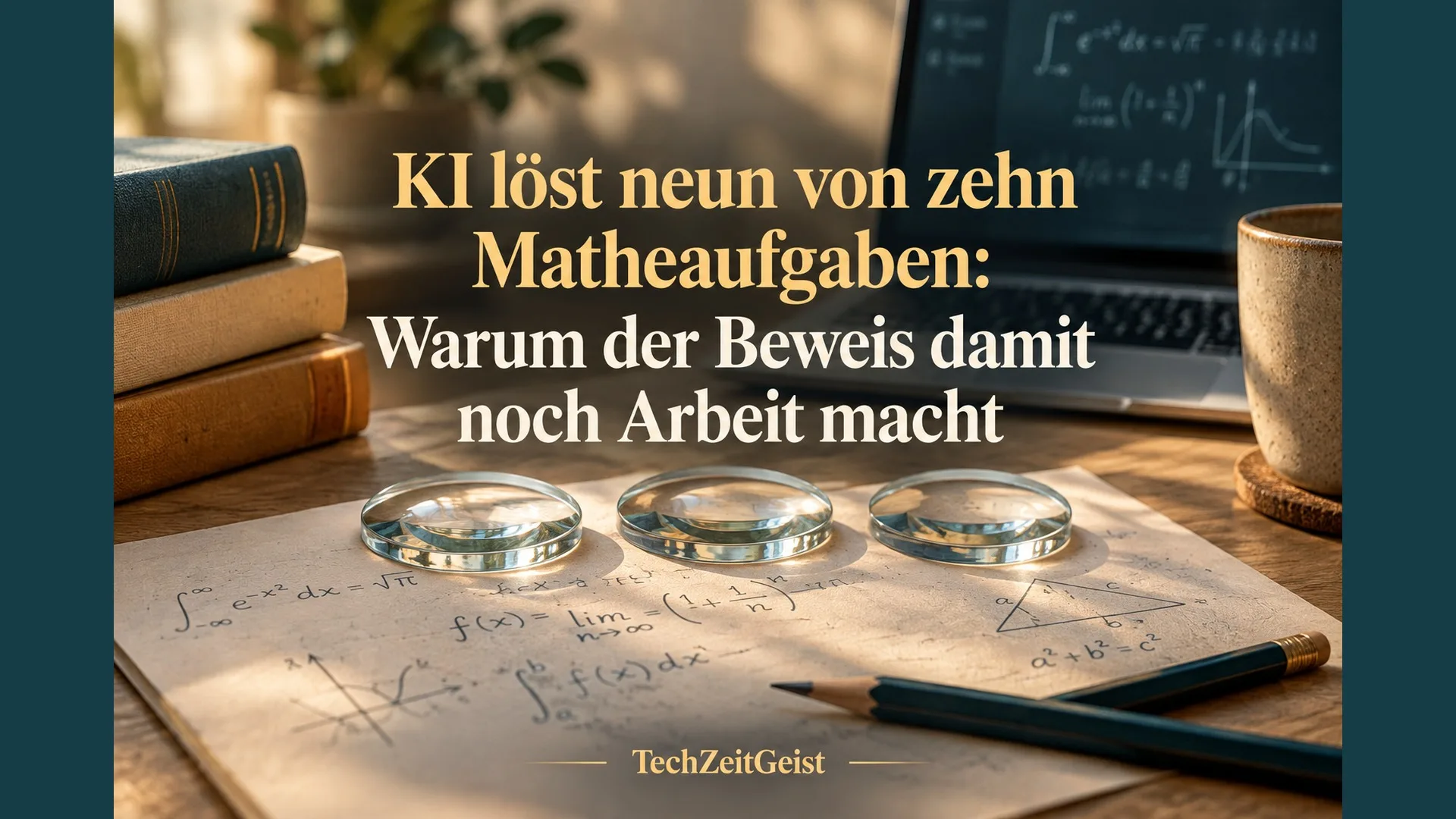 Mathematisches Manuskript mit drei Lupen und einem Computer.