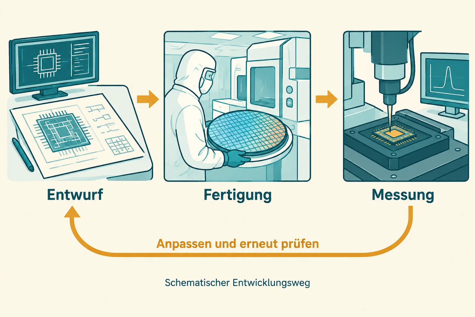 Entwurf, Chipfertigung und Messung bilden einen Kreislauf mit Rückmeldung zum Entwurf.