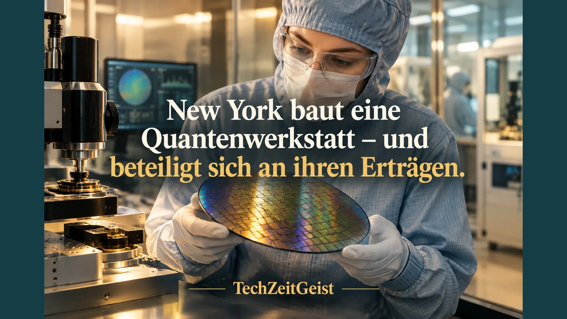 Technikerin mit Wafer und Messgerät in einem Reinraum.