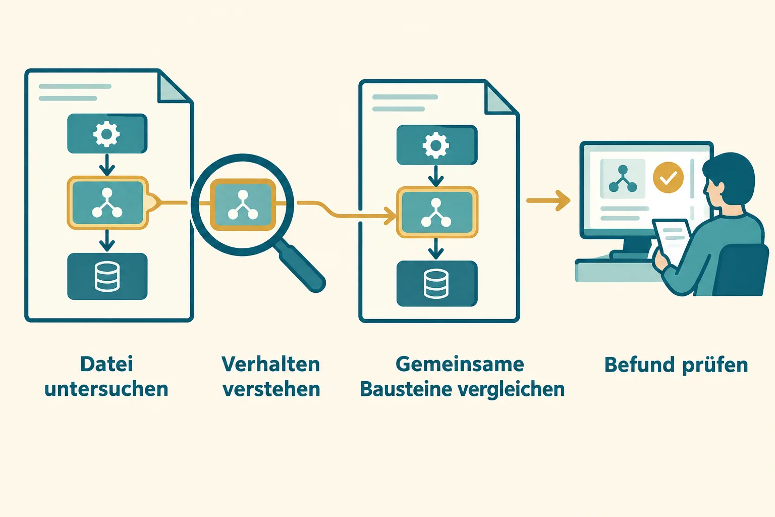 Zwei schematische Softwaredateien mit einem gemeinsamen Baustein und menschlicher Befundprüfung.