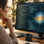 Sicherheitsforscherin untersucht abstrahierte Softwarebausteine am Monitor.
