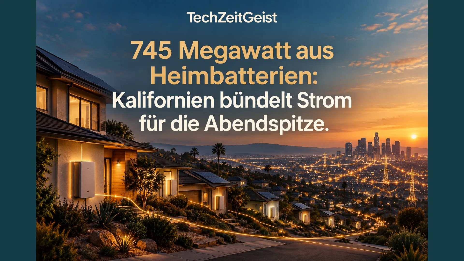Heimbatterie an einem Haus und beleuchtete Stadt am Abend.