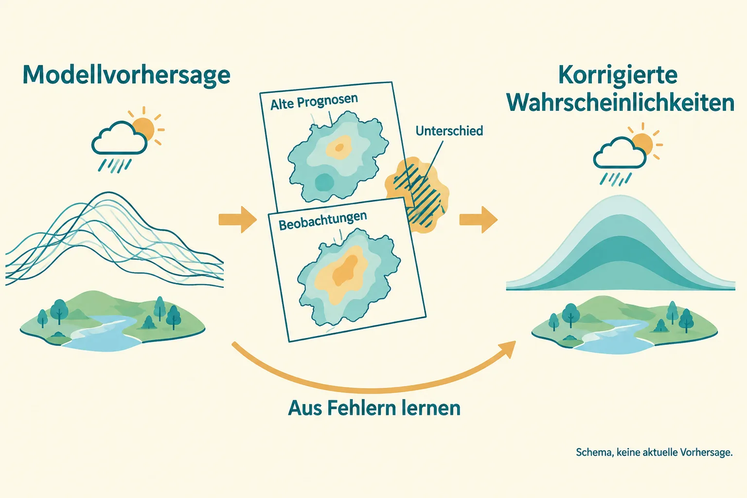 Vergangene Prognosen und Beobachtungen verändern die Wahrscheinlichkeitsverteilung einer Wettervorhersage.