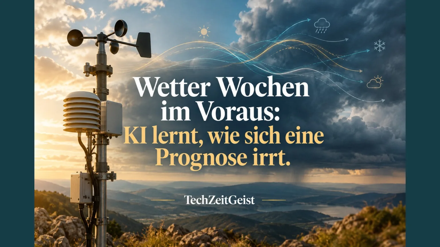 Wetterstation mit Wolken und mehreren schematischen Wetterverläufen.