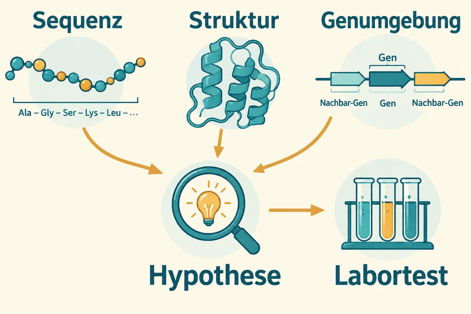 Sequenz, Struktur und Genumgebung führen zu einer Hypothese und anschließend zum Labortest.