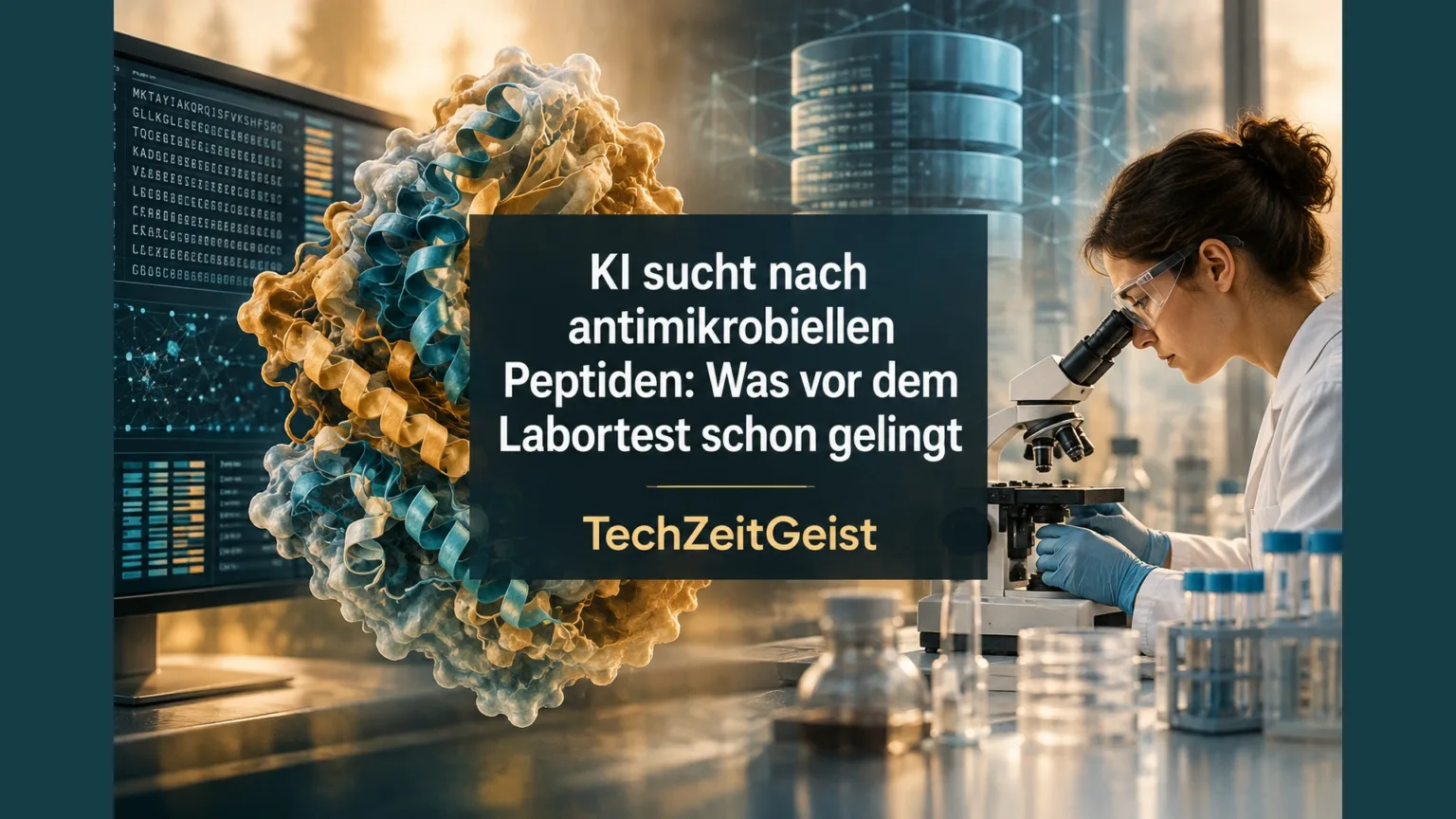 Konkrete räumliche gefaltete Proteinillustration neben einer Laborbank und einem strukturierten Datenbankmotiv.