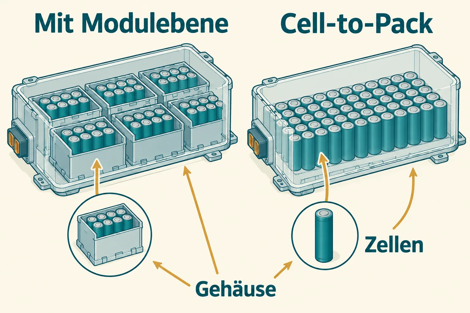 Zwei Batterieaufbauten: Zellen in Modulen und Zellen direkt im Gehäuse.