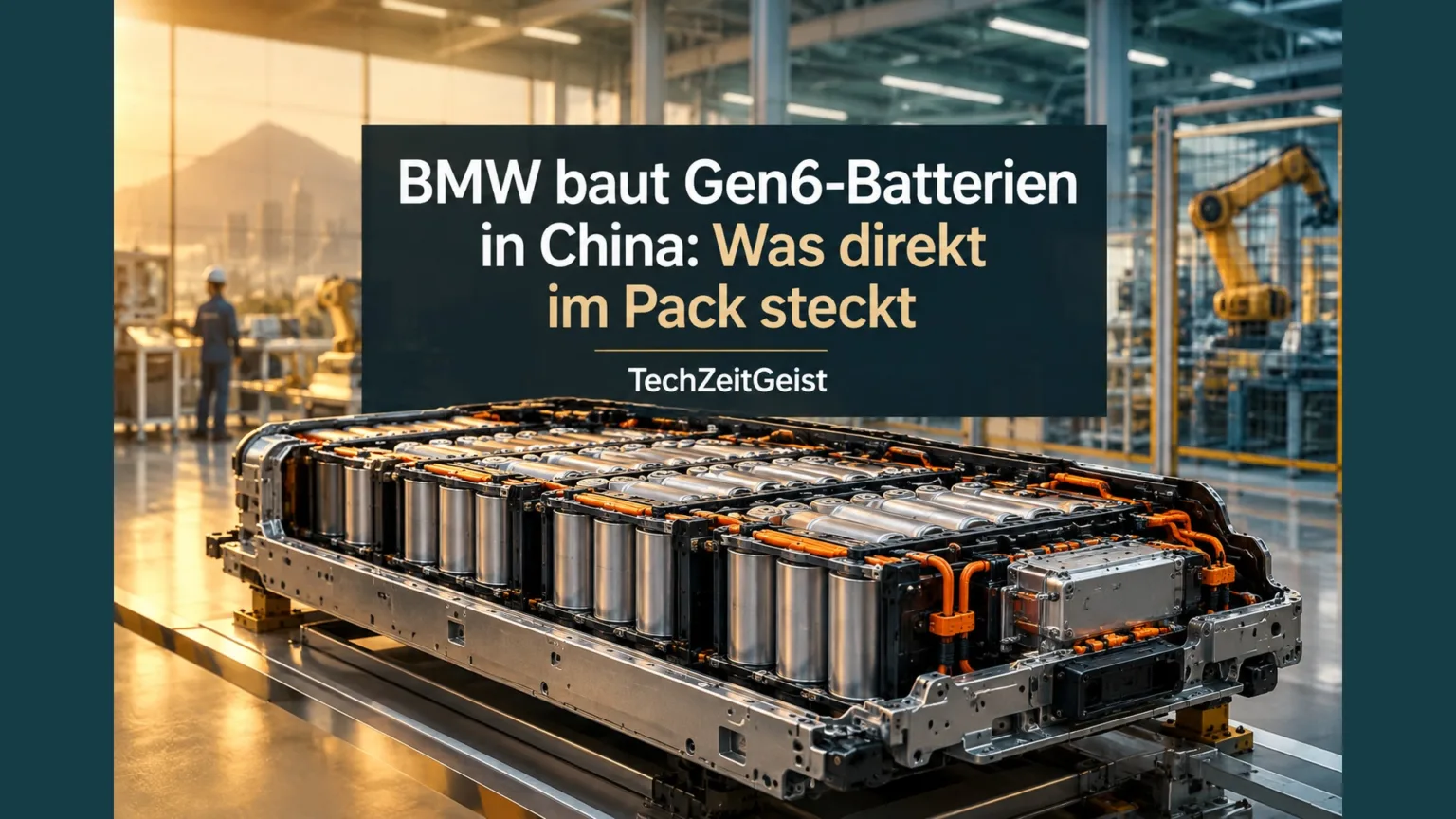 Ein offener schematischer Elektroauto-Batteriepack mit großen Rundzellen in einer modernen Fertigungshalle.