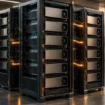 Ein generisches GPU-Trainingssystem mit mehreren klar getrennten Rechenmodulen, wenige aktive Verbindungen leuchten ockerfarben.