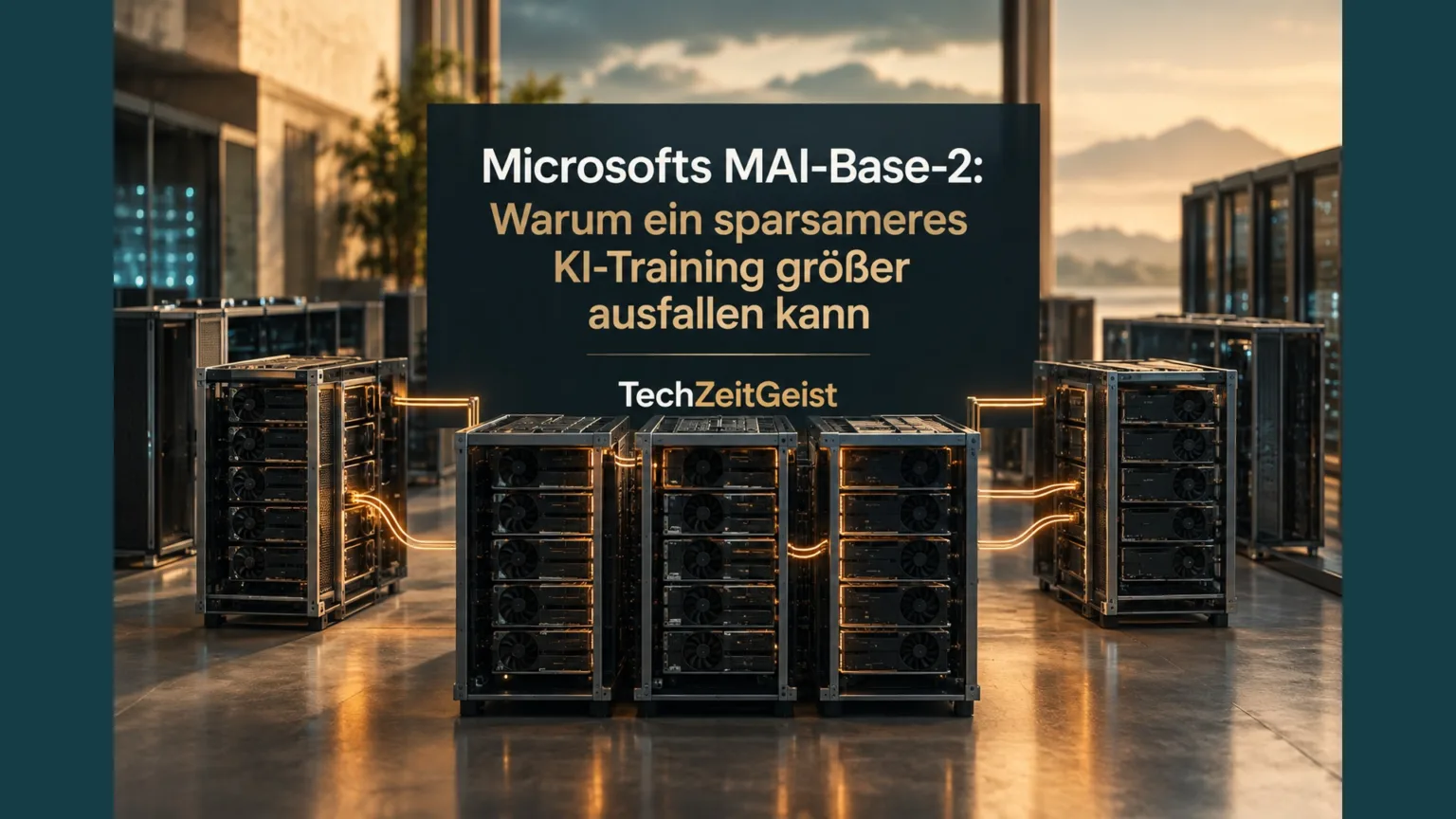 Ein generisches GPU-Trainingssystem mit mehreren klar getrennten Rechenmodulen, wenige aktive Verbindungen leuchten ockerfarben.