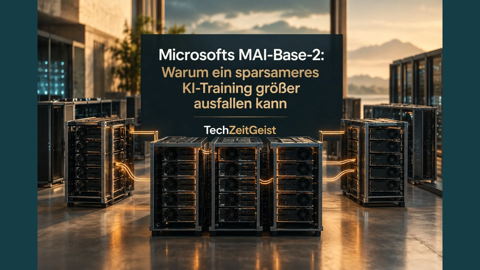 Ein generisches GPU-Trainingssystem mit mehreren klar getrennten Rechenmodulen, wenige aktive Verbindungen leuchten ockerfarben.