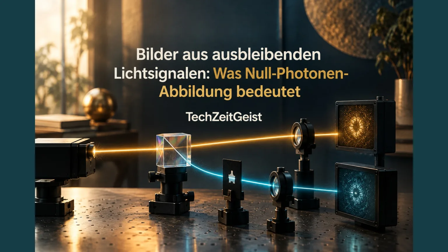Optische Laborillustration mit Strahlteiler, zwei getrennten Lichtwegen und einer kleinen Objektmaske, atmosphärische Photonik mit klarer Geometrie.