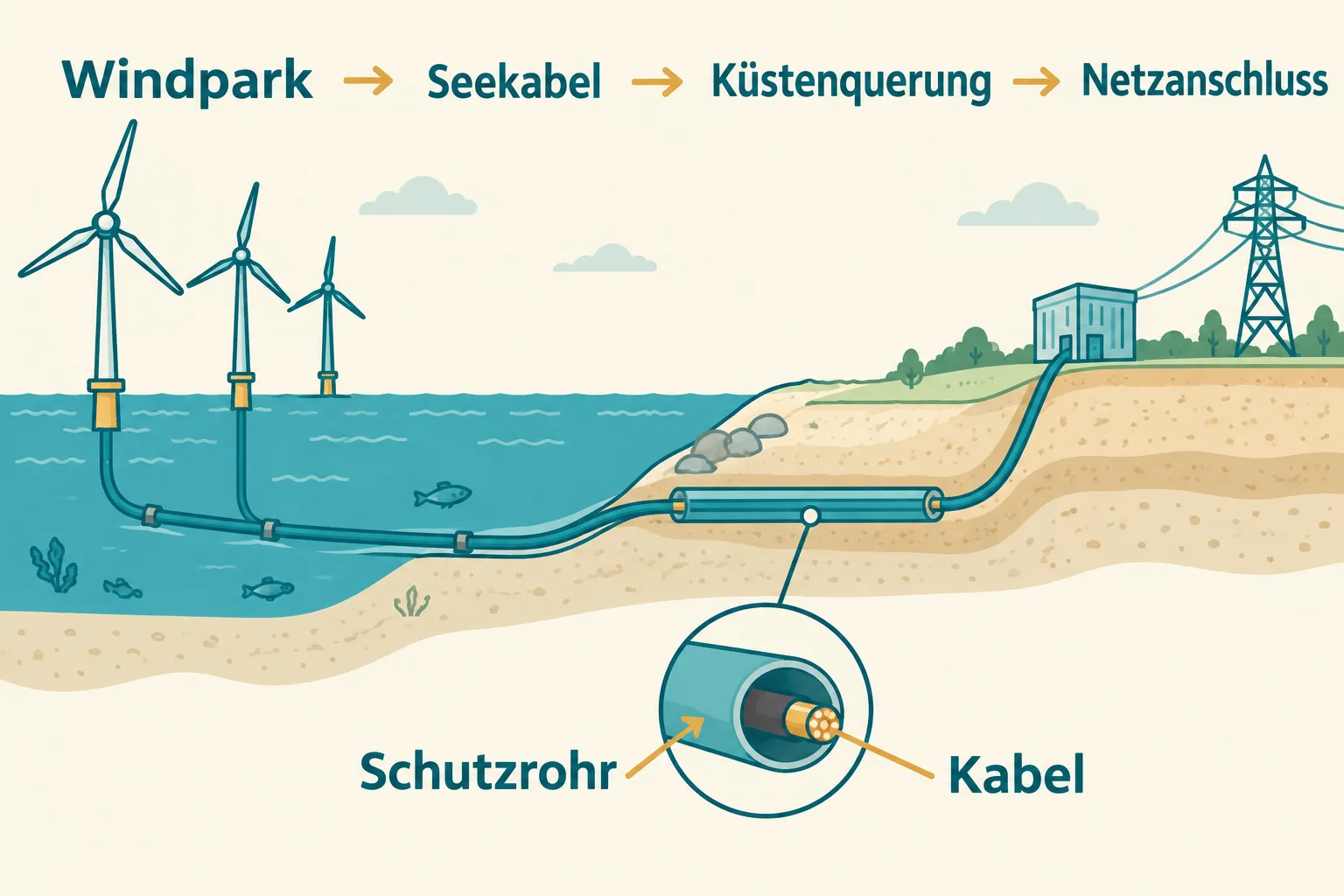 Der Stromweg verbindet Windpark, Seekabel, Küstenquerung und Netzanschluss.