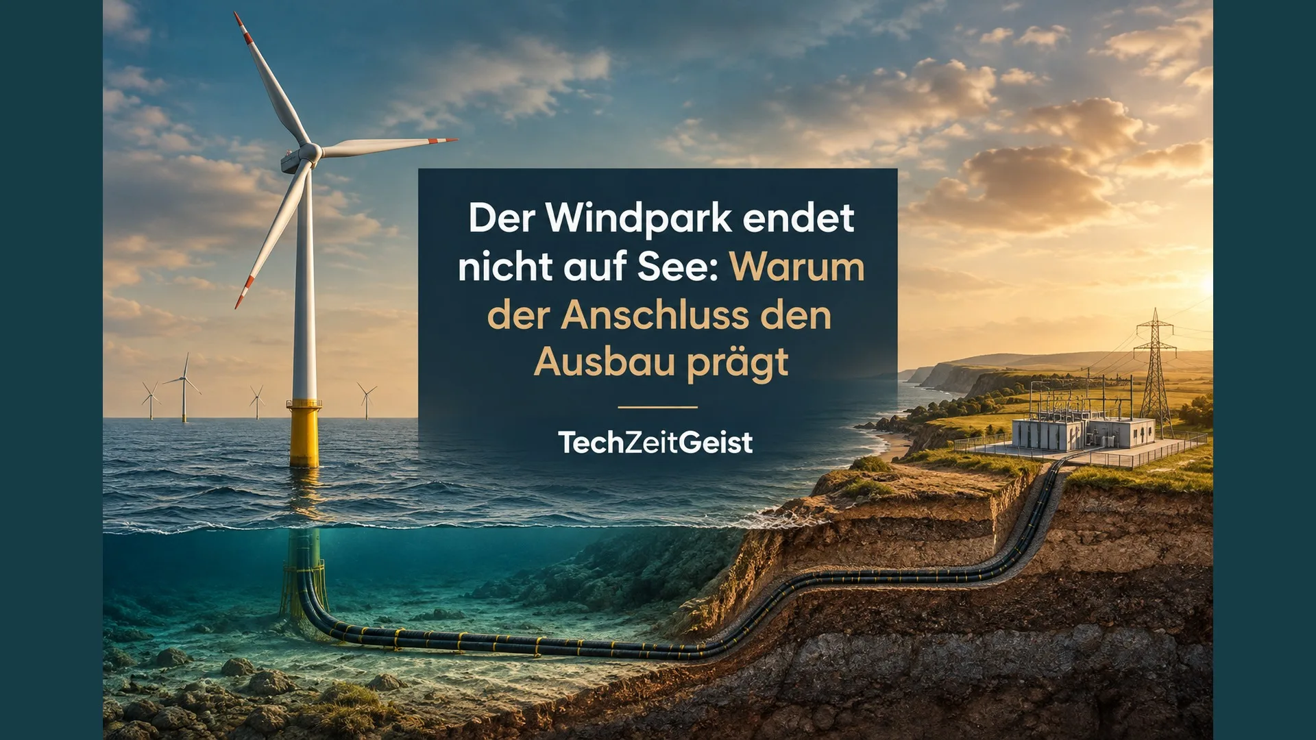 Ein Offshore-Windrad und eine realistisch geschnittene Küstenlandschaft mit unterirdischem Kabelweg zum Hochspannungsnetz an Land.