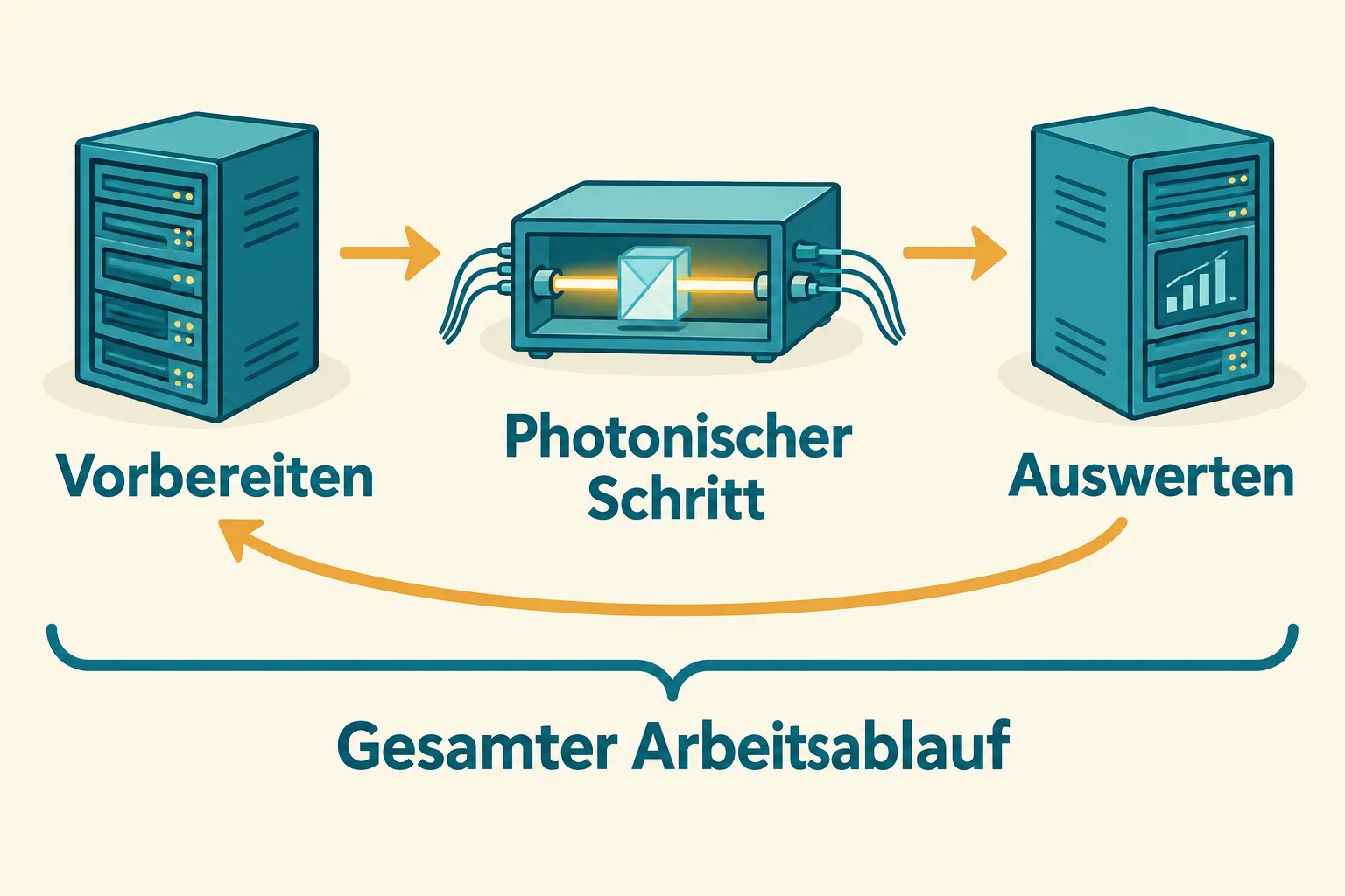 Ein hybrider Ablauf verbindet klassische Vorbereitung, photonischen Schritt und Auswertung.