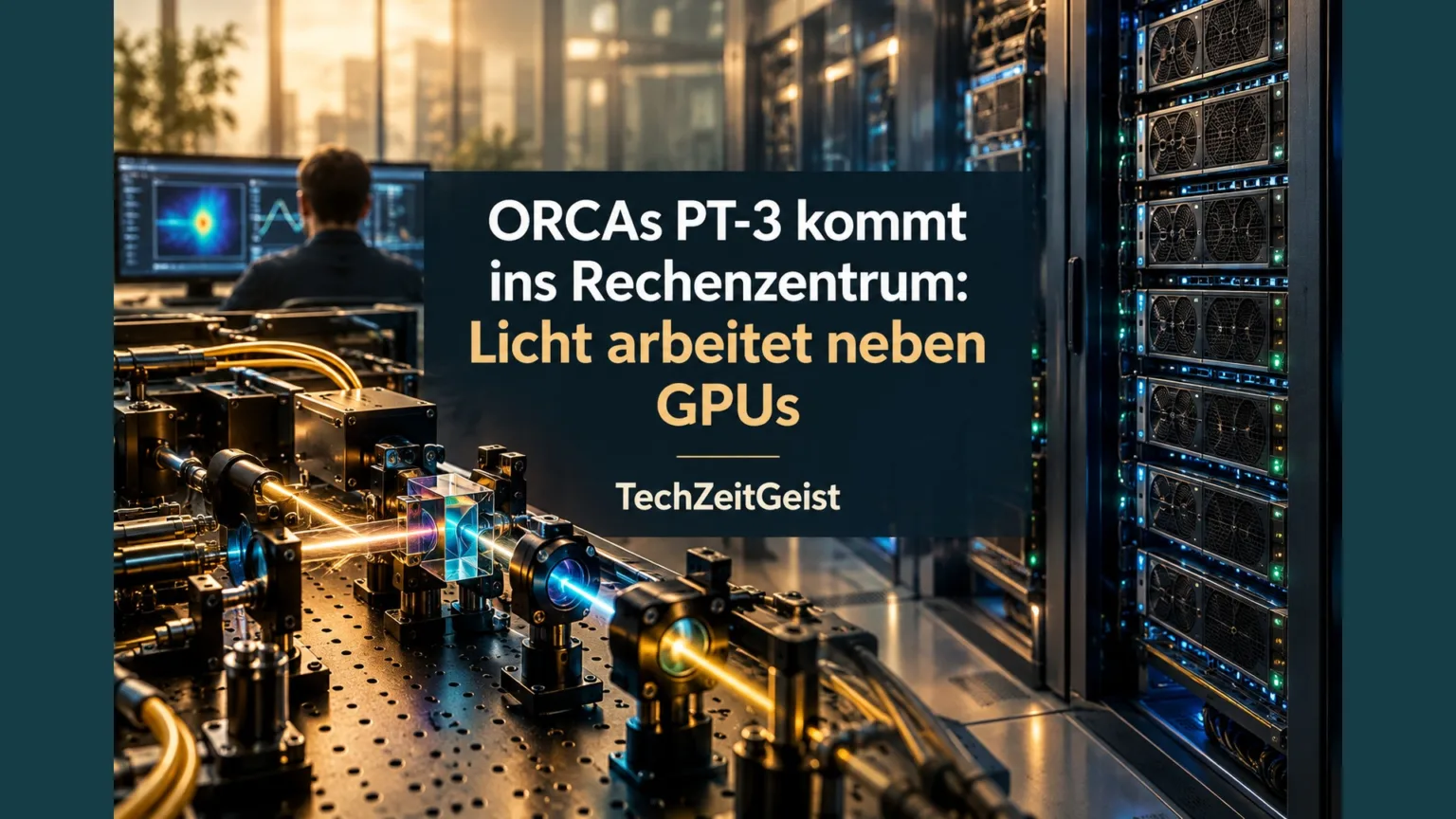 Photonische optische Versuchseinheit neben generischen GPU-Serverracks, sichtbar optische Wege und unterschiedliche Aufgaben.