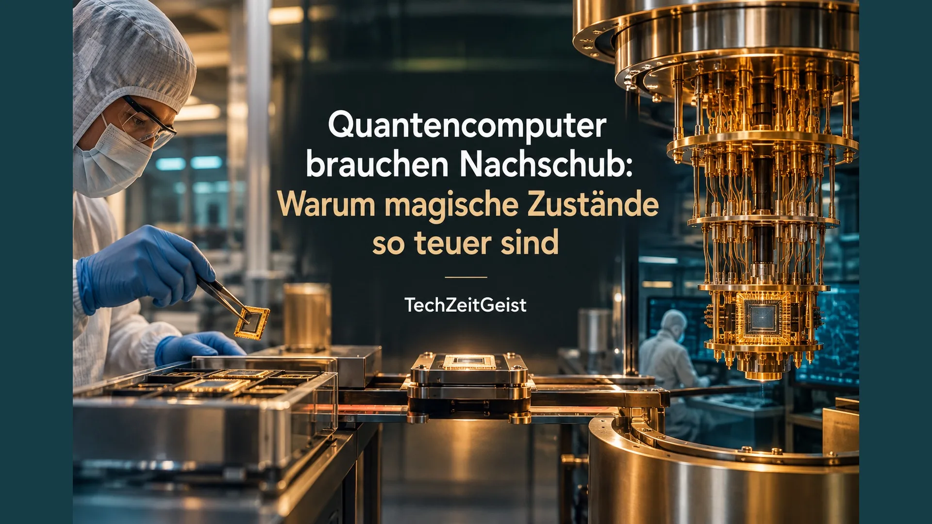 Ein abstrakt physikalisch plausibles Quantenchip-Labormotiv mit einer separaten Aufbereitungszone und geregelten Übergaben.