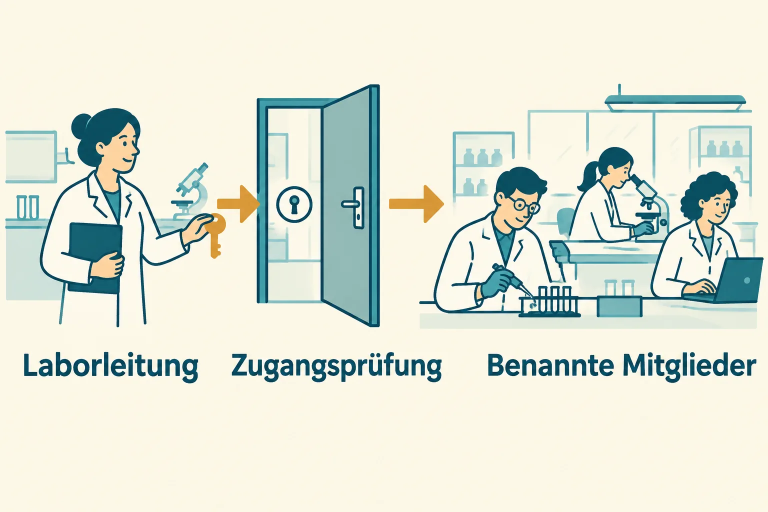 Die Laborleitung beantragt Zugang, danach arbeiten benannte Mitglieder mit dem Werkzeug.