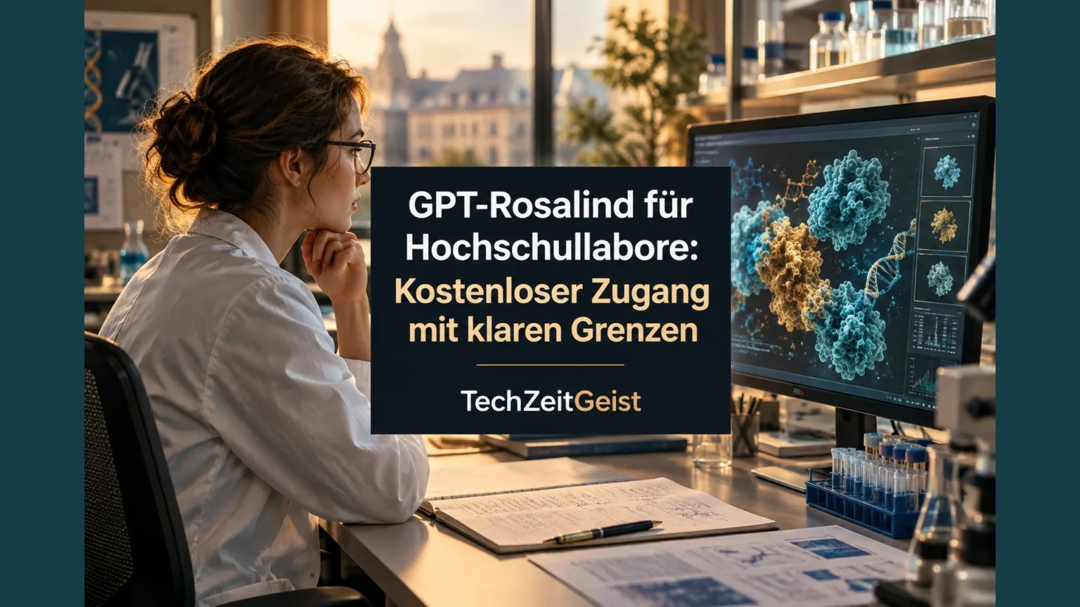 Wissenschaftlerin an einem Bildschirm mit abstrakten biologischen Molekülformen, daneben Laborbank und sichtbare menschliche Arbeitsunterlagen.