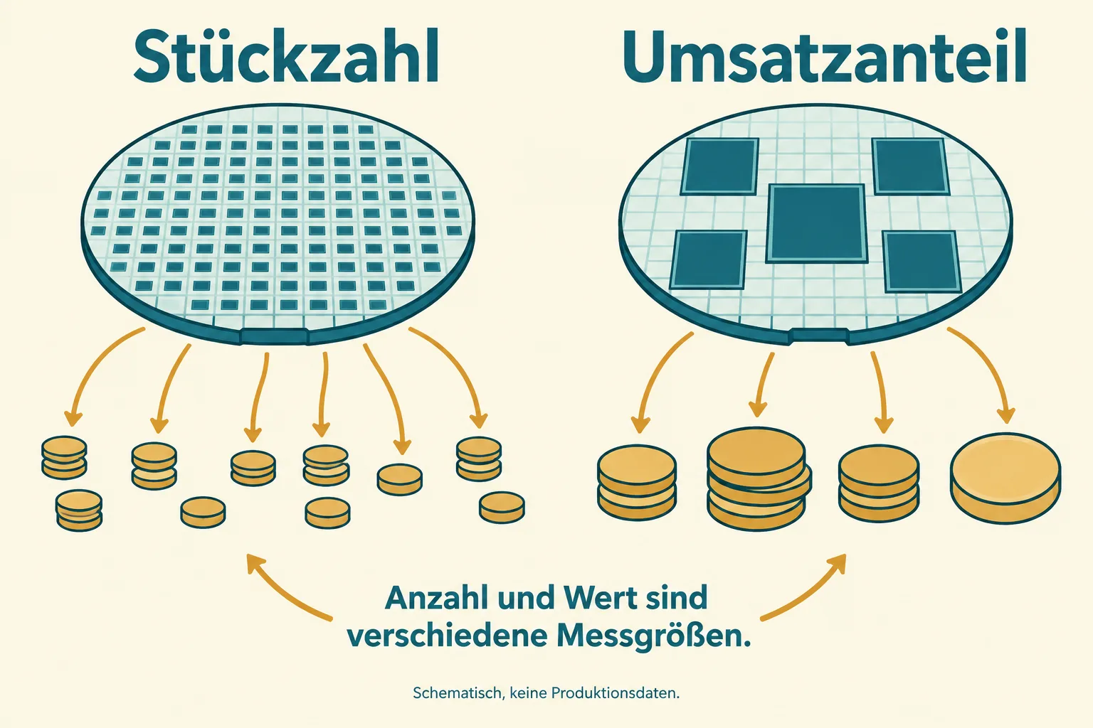 Schematische Wafer verdeutlichen den Unterschied zwischen Anzahl der Chips und ihrem Umsatzbeitrag.